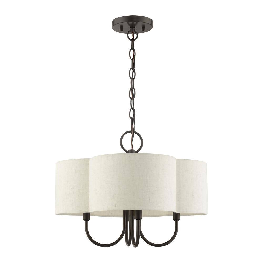 English Bronze Solstice Drum Chandelier with Oatmeal Shade