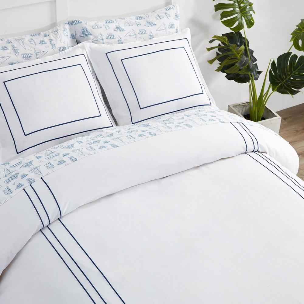 King White Cotton Duvet Cover Set with Navy Trim