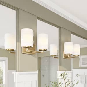 Leavenworth 14.5 in. 2-Light Brushed Gold Modern Vanity with Etched Opal Ribbed Glass Shades