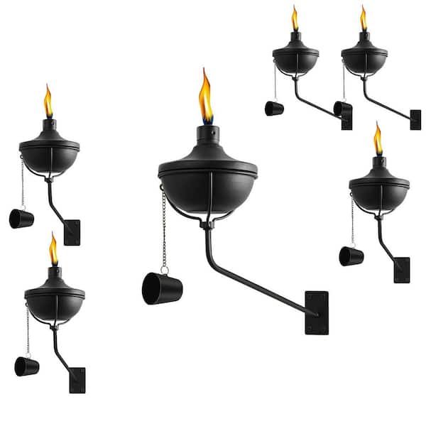 24 oz Black Metal Citronella Torches 6-Pack, Wall Mounted Outdoor Flame Lights for Yard, Patio, Deck Garden Party Decor