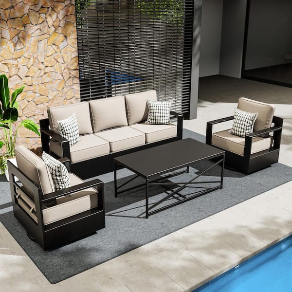 4-Piece Aluminum Patio Conversation Set with Outdoor Swivel Rocking Chair, Coffee Table and Thick Beige Cushions
