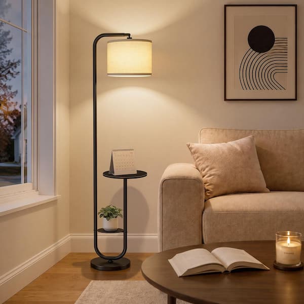 66 in. Black Remote Control U-Shaped Side Table Standard Floor Lamp with 12W LED 3-Color Temp Rotatable Shade
