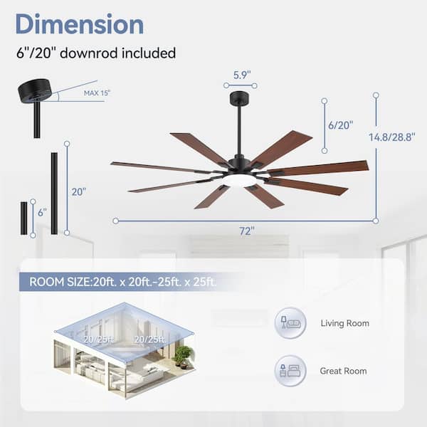 72 in. Smart Indoor Black Downrod Mount Standard Ceiling Fan with 8-Black/Wood Grain Blades, LED and Remote Included