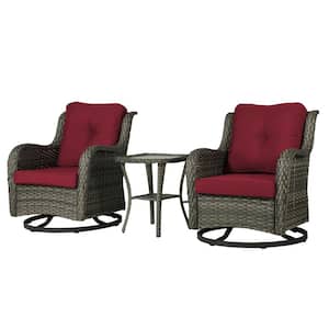 Patio Swivel Wicker Outdoor Rocking Chairs 2-Pieces and Side Table Sets with Red Cushion (Set of 2)