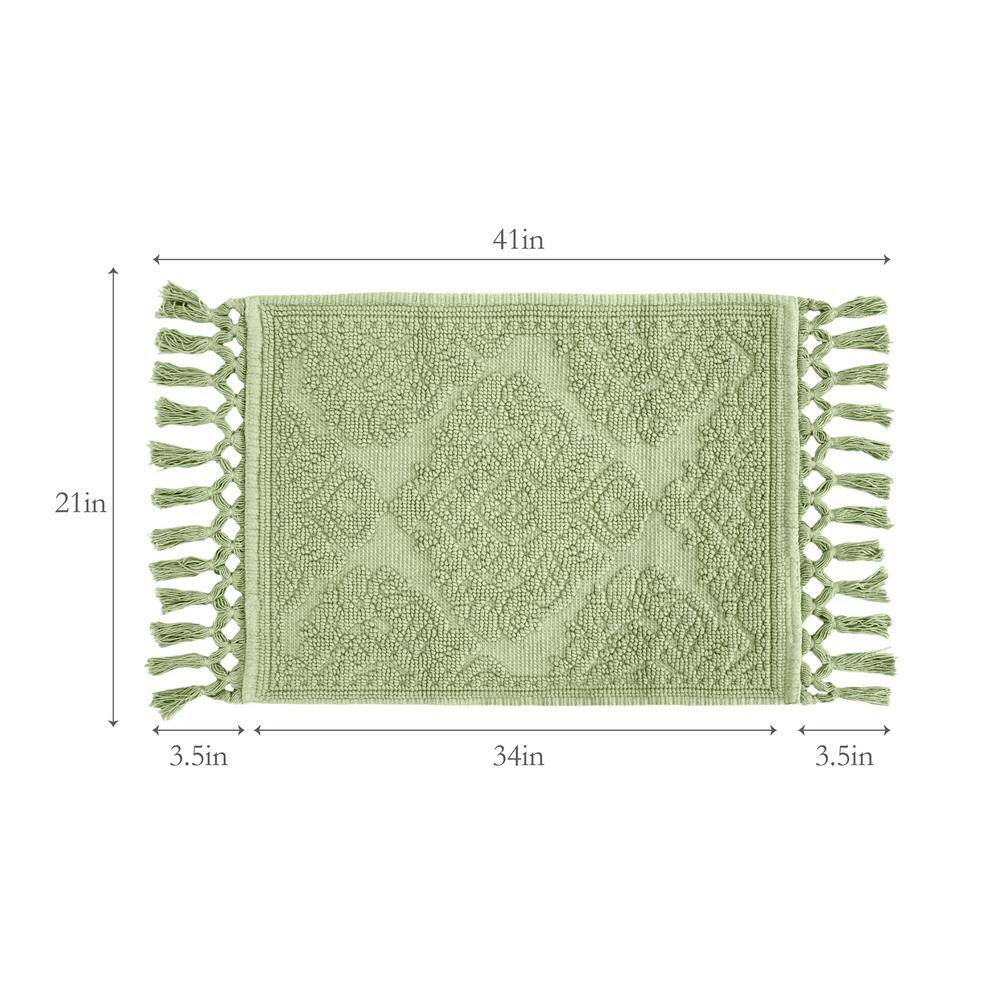 Sage Green Cotton Fringe Geometric Bath Rug 21 x 41 in