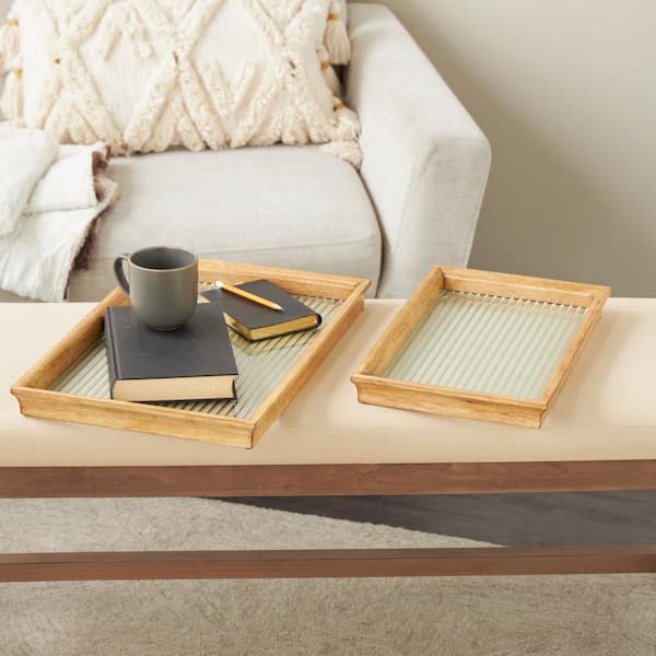 Litton Lane Brown Wood Nesting Decorative Tray with Fluted Glass Bases (Set of 2)