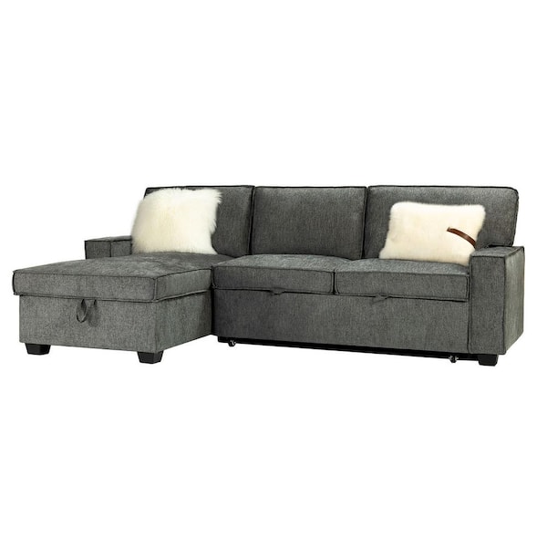 JAYDEN CREATION Hesione Grey 56.3 in W Square Arm Polyester L Shaped Pull Out Sleeper Sofa & Chaise with Storage in Gray