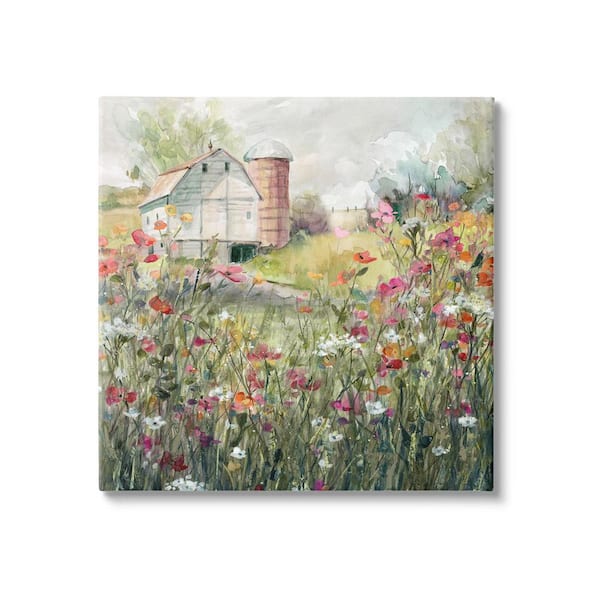 The Stupell Home Decor Collection Vibrant Flower Blossoms Surrounding Rural Barn Nature Design by Carol Robinson Unframed Nature Art Print 36 in. x 36 in.