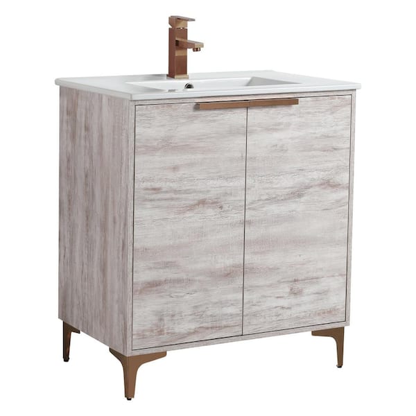 FINE FIXTURES 30 in. W x 18.5 in. D x 35.25 in. H Bath Vanity in Rustic White with Rose Gold Hardware and White Ceramic Sink top