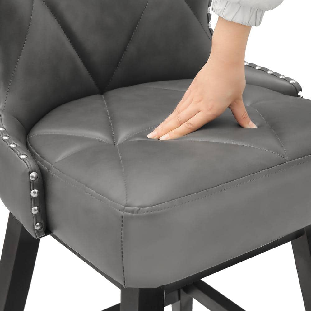 Dark Gray Faux Leather Swivel Counter Stools with Wood Legs, Set of 3