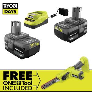 ONE+ 18V Lithium-Ion 4.0 Ah Compact Battery (2-Pack) and Charger Kit with FREE 1/2 in. x 18 in. Belt Sander