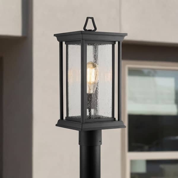 Endicott Collection 1-Light Textured Black Clear Seeded Glass Craftsman Outdoor Post Lantern Light