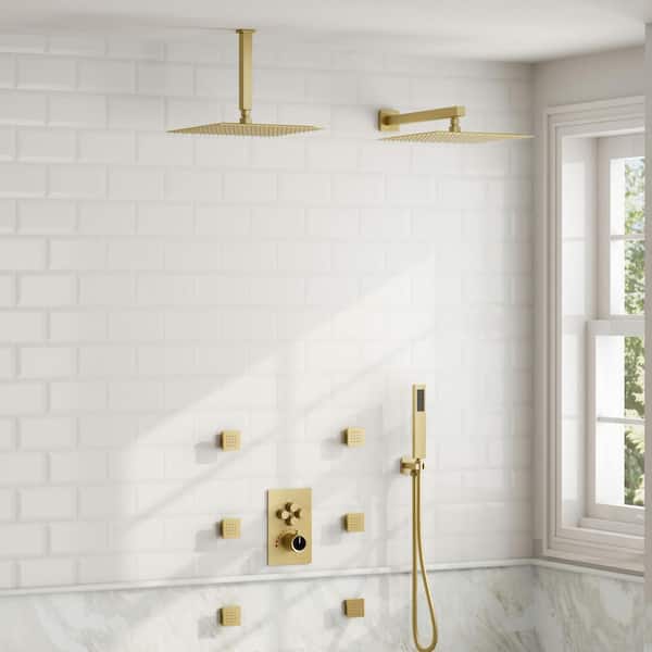 His and Hers Showers 15-Spray Square 12 in. Multifunction Wall Bar Shower Kit in Brushed Gold Valve Included