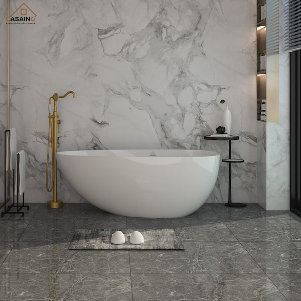CASAINC 58 in. 29 in. Stone Resin Solid Surface Egg-shaped Soaking Bathtub in Glossy White with Standing Faucet in Brushed Brass