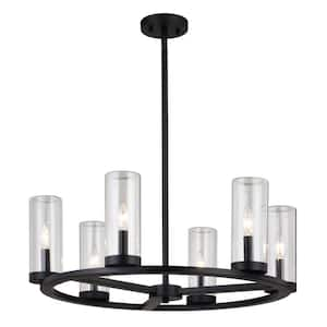 Grantley 6-Light Matte Black Wheel Chandelier Fixture Clear Glass Shade, LED Compatible, Damp Rated