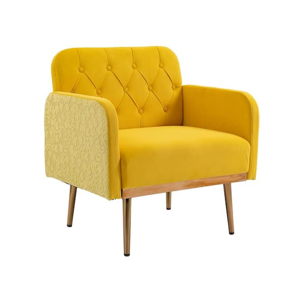 HOMEFUN Modern Yellow Velvet Single Cushioned Accent Arm Chair with Golden Metal Legs and Anti-Skid Pads
