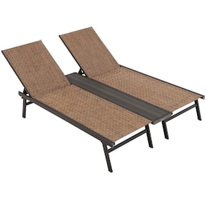 2-Person Black Metal Brown Fabric Central Panel Outdoor Chaise Lounge with Adjustable Backrest