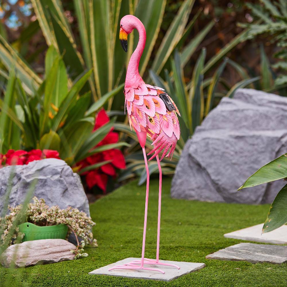34-Inch Pink Metal Flamingo Garden Statue with Solar Lights