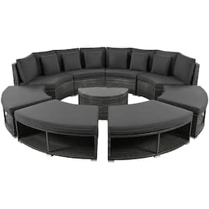 9-Piece Wicker Outdoor Circular Sofa Lounge Sectional Set with Gray Cushions, Tempered Glass Coffee Table and 6 Pillows