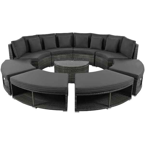 Sudzendf 9-Piece Wicker Outdoor Circular Sofa Lounge Sectional Set with Gray Cushions, Tempered Glass Coffee Table and 6 Pillows