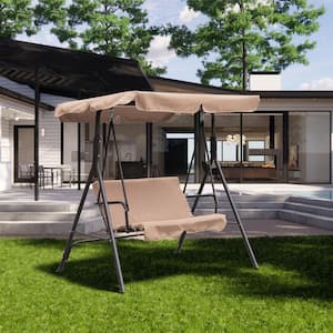 2-Person Outdoor Patio Swing with Adjustable Canopy and Cushion in Beige