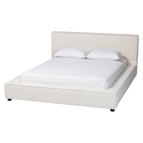 Bardia White Boucle and Wood Frame Queen Platform Bed