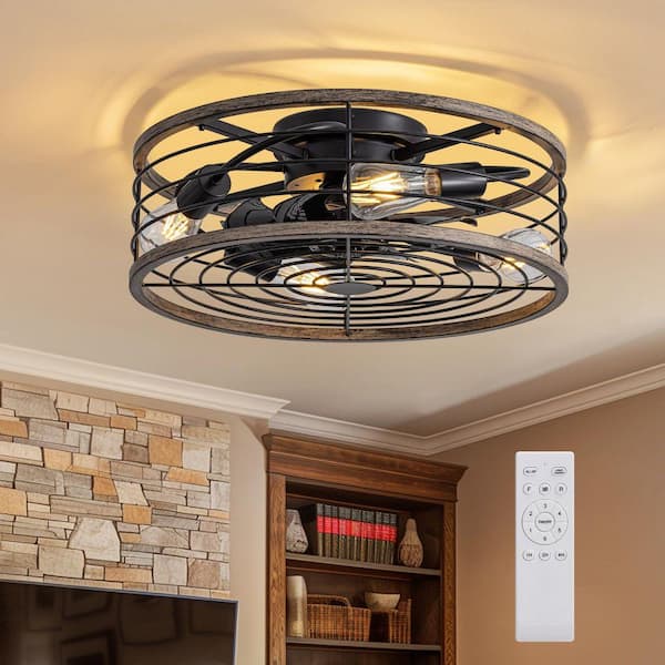 20 in. Indoor Farmhouse Black Low Profile Ceiling Fan with Lights Small Wood Grain Caged Fandelier with Remote Included