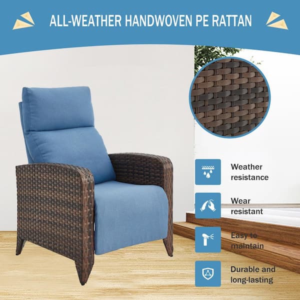 ZZW Reclining Brown Wicker Outdoor Chaise Lounge with Blue