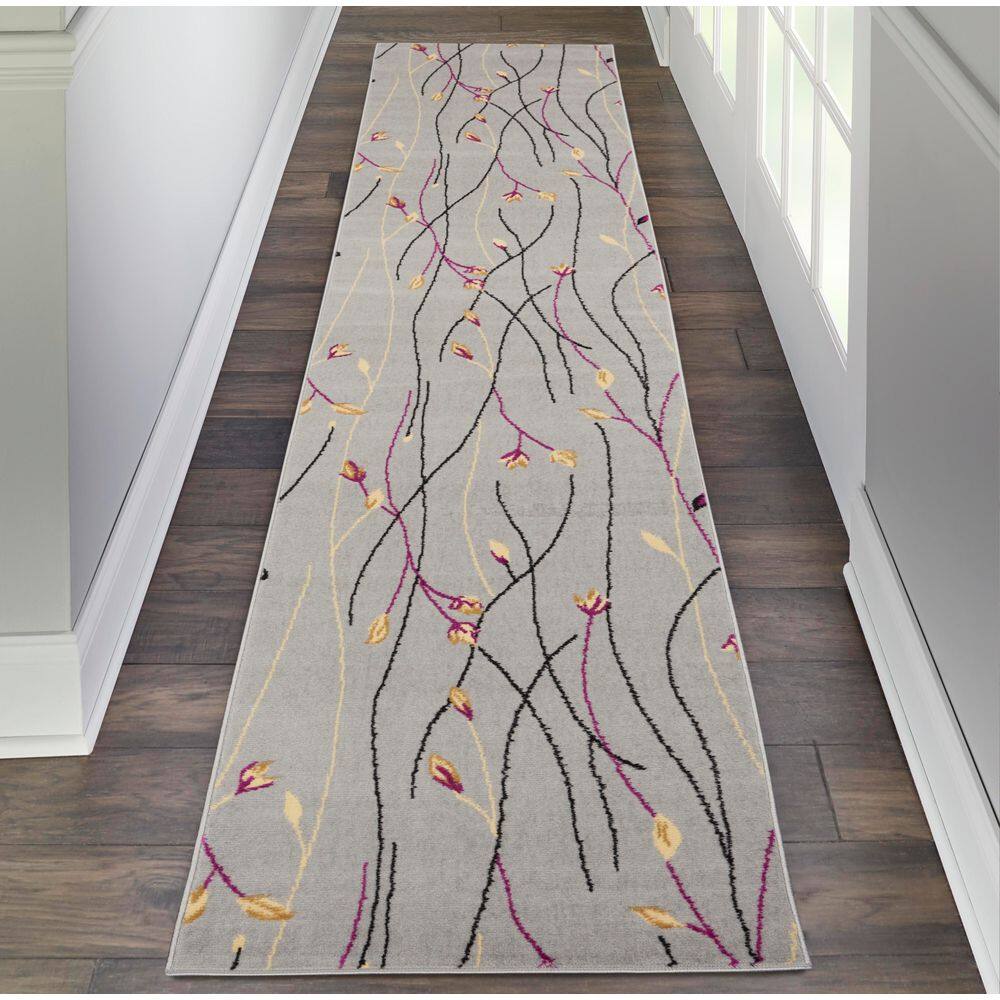 Gray Floral Power-Loomed Runner Rug with Latex Backing