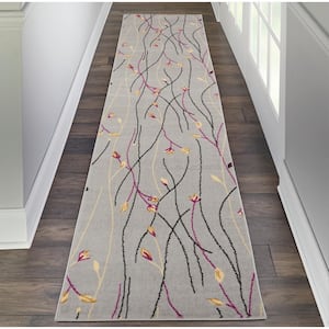 Grafix Grey 2 ft. x 12 ft. Floral Contemporary Kitchen Runner Area Rug