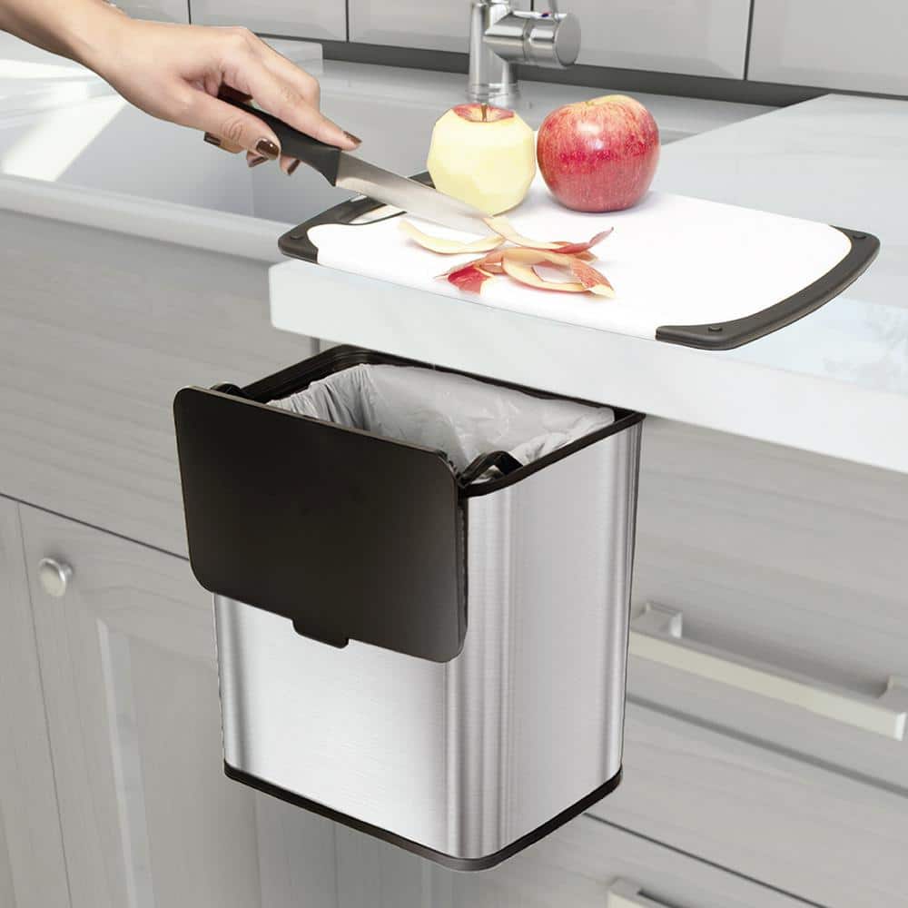 1.5 Gallon Brushed Stainless Steel Rectangular Trash Can with Lid