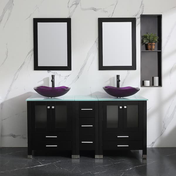 60 in. W x 21.5 in. D x 61 in. H Double Sinks Bath Vanity in Black with Clear Glass Countertop and Mirror