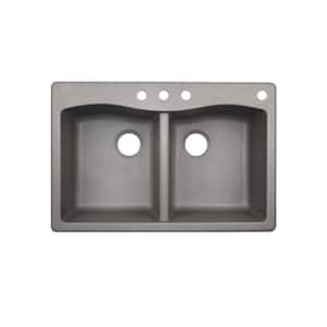 Dual-Mount Granite 33 in. x 22 in. 4-Hole 50/50 Double Bowl Kitchen Sink in Metallico