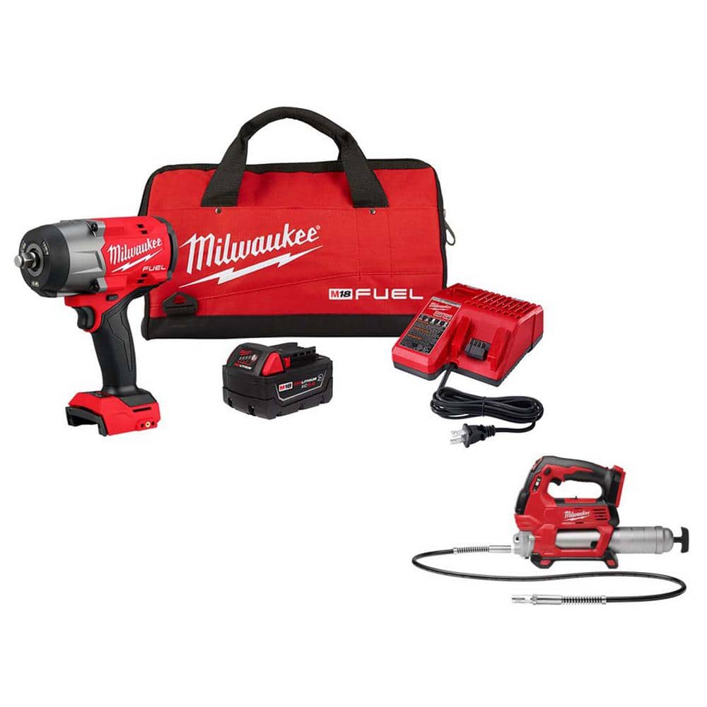 Milwaukee M18 FUEL 18V Lithium-Ion Brushless Cordless 1/2 in. Impact Wrench with Friction Ring Kit w/Grease Gun -  2967-21B-2646