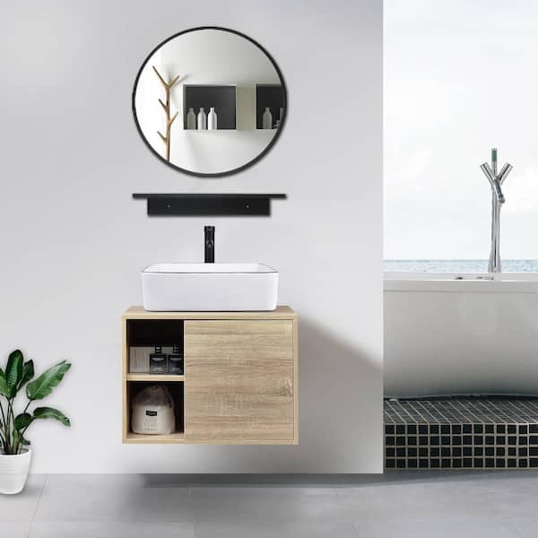 24 in. W x 19 in. D x17 in. H Single Sink Burlywood Bath Vanity with White Rectangular Solid Surface Top Sink and Mirror