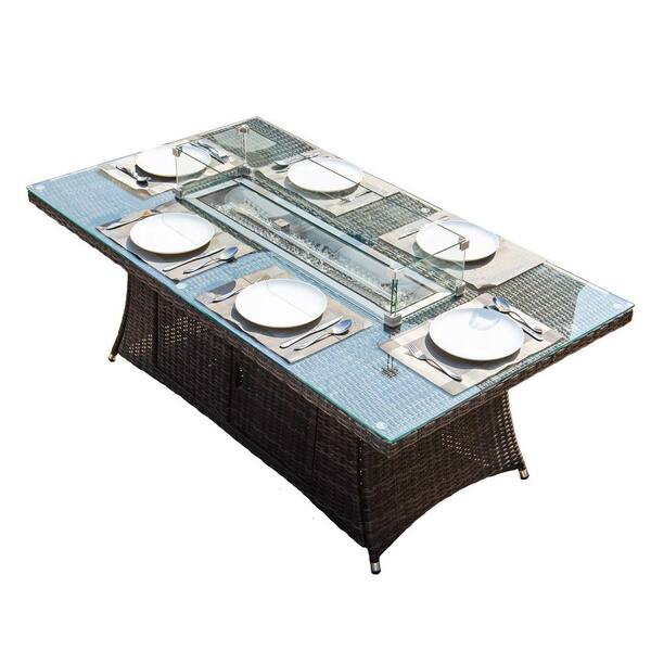 DIRECT WICKER Turnbury 39.4 in. x 70.8 in. Propane Rectangular Wicker Gas Fire Pit Table with Tempered Glass Surround