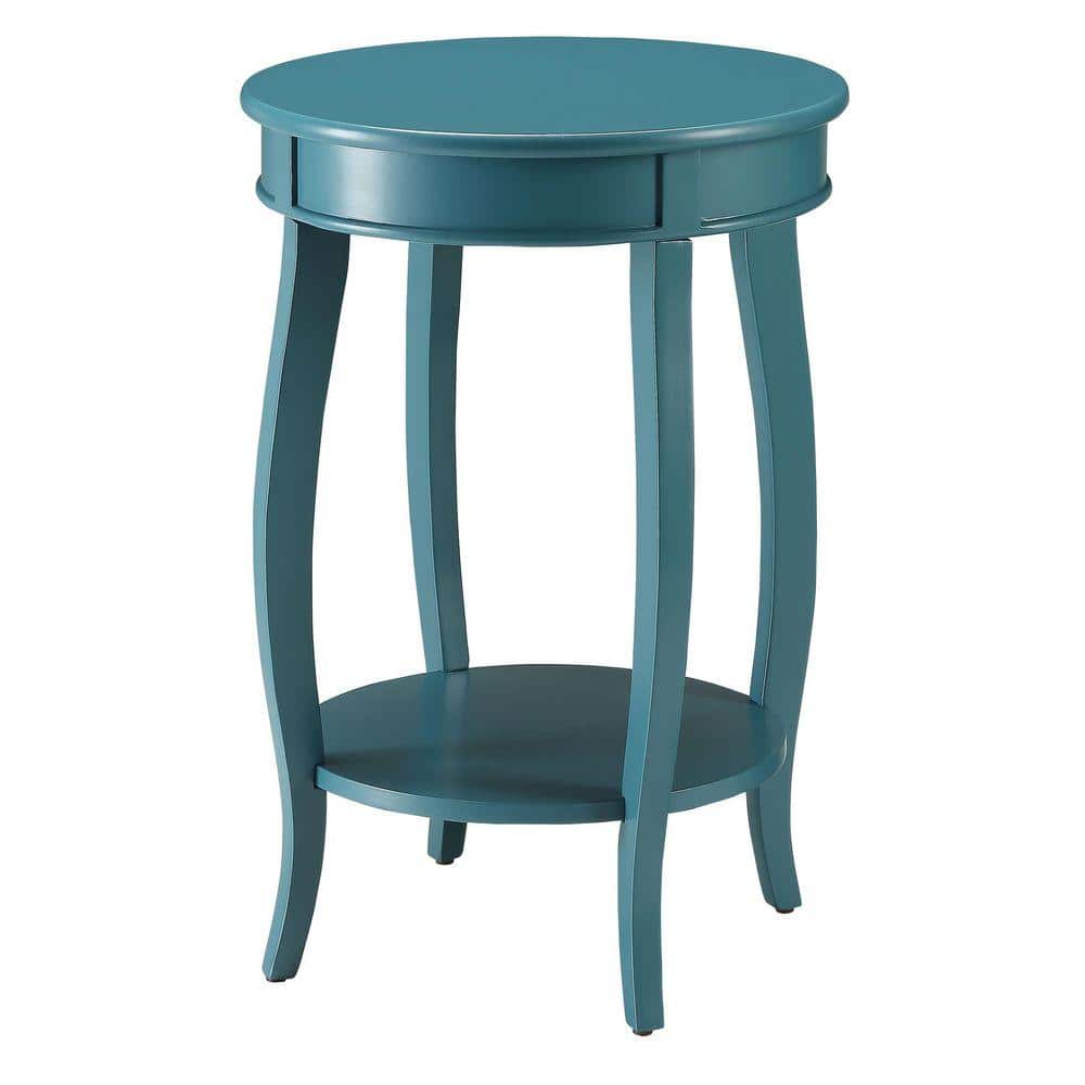 18.5 in. Teal Blue Round Wood Outdoor Coffee Table with Bottom Shelf