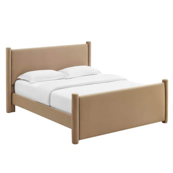 Rael Brown Wood Frame King Platform Bed with Upholstered Headboard and Footboard