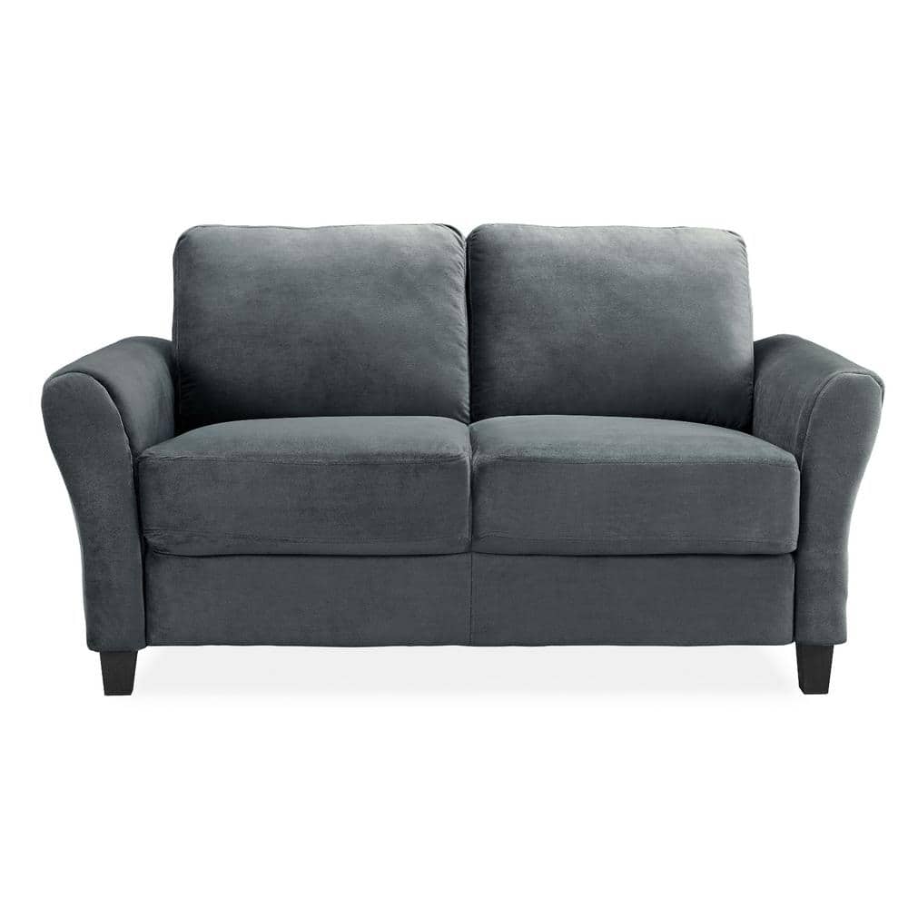 Dark Grey Microfiber Rolled Arm Loveseat with Wooden Frame