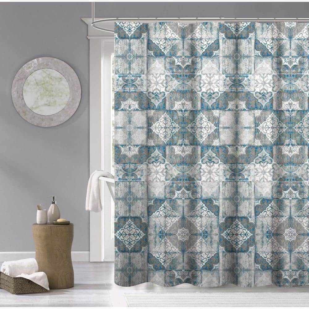 Blue 70 x 72 Tiles Printed 100% Cotton Shower Curtain