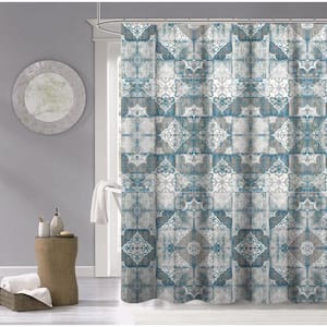 Blue 70" x 72" Tiles Printed 100% Cotton Shower Curtain