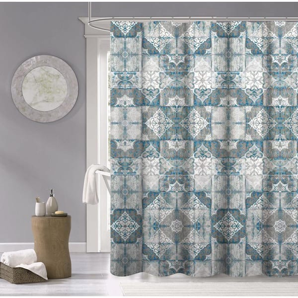 Cotton Shower Curtain Tilescbl, Beige Blue Green Shower Curtain