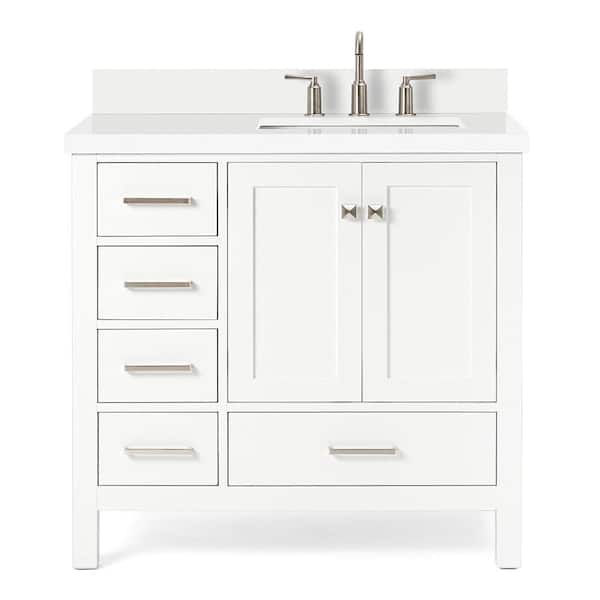 Cambridge 37 in. W x 22 in. D x 36 in. H Vanity in White with Pure White Quartz Top