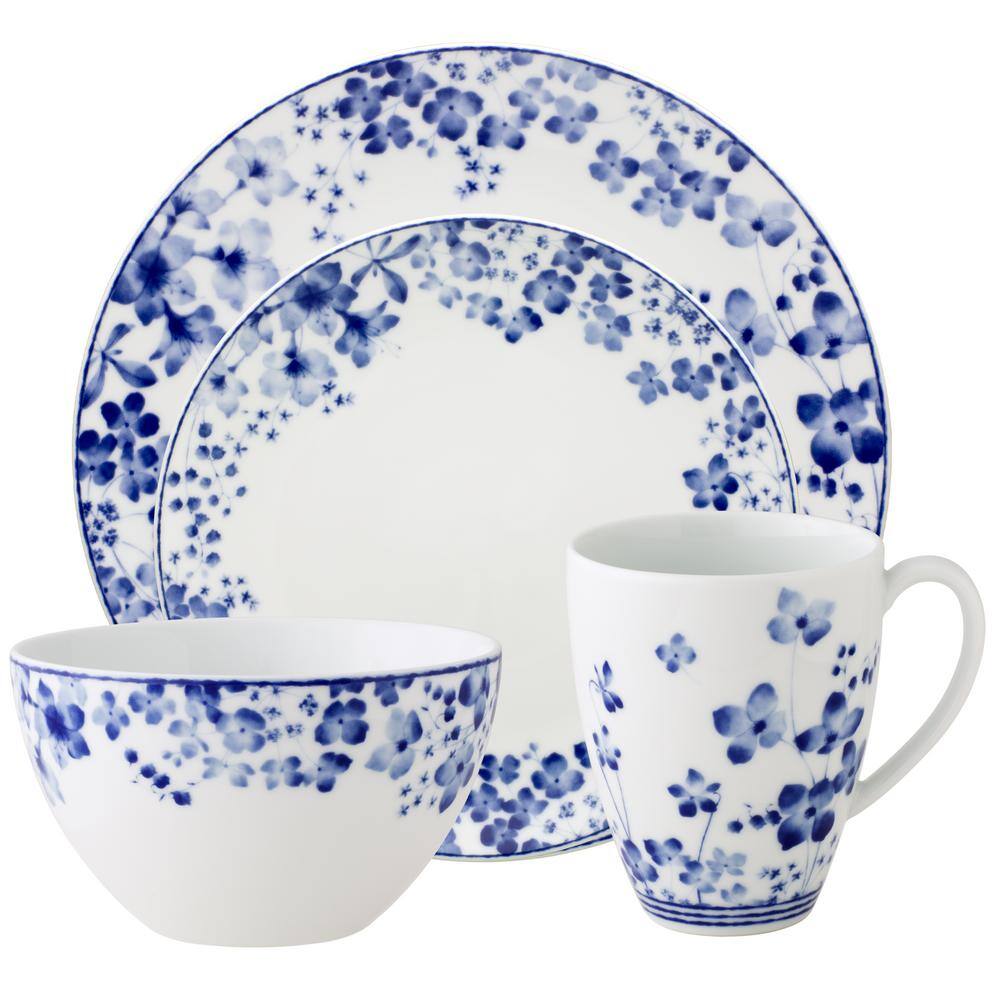 Blue and White Porcelain Floral 4-Piece Dinnerware Set
