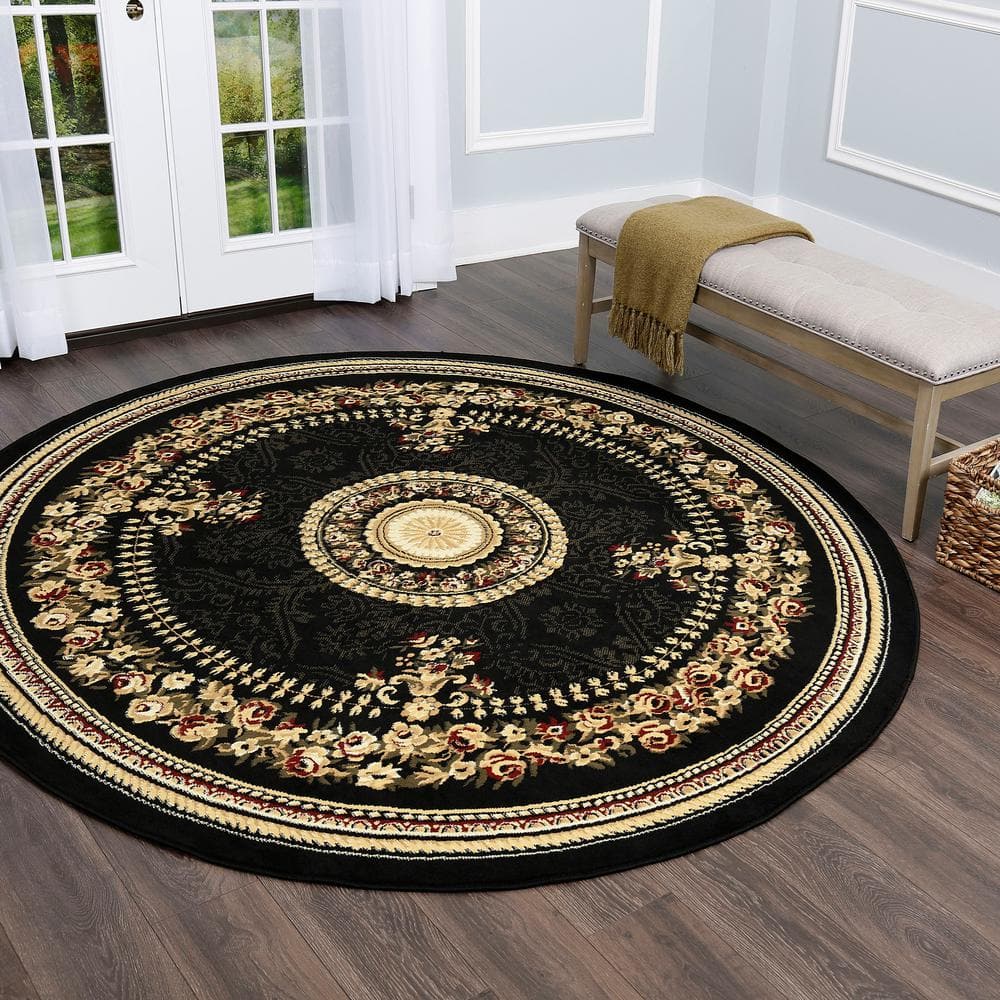 Athens Black and Beige Round Medallion Area Rug