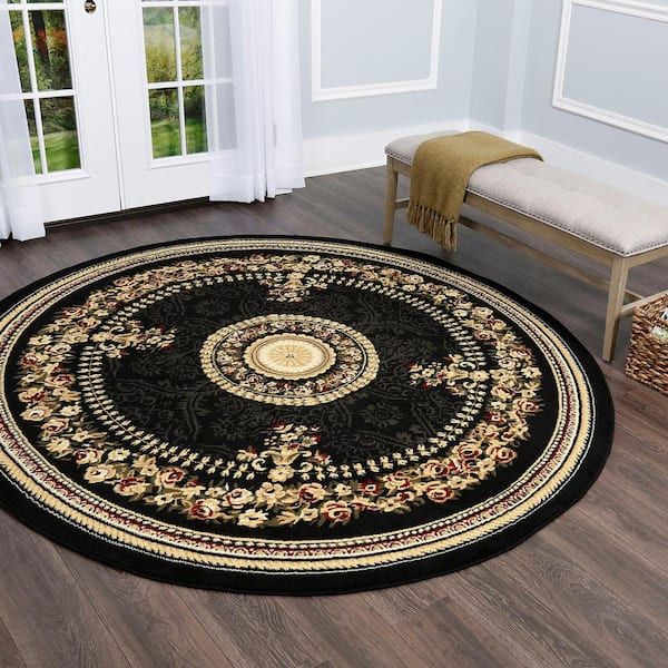 Optimum Athens Black/Beige 8 ft. Border Round Area Rug
