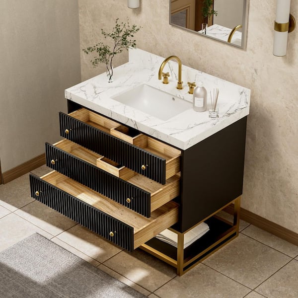 Solidoak 36 in. W x 22 in. D x 35.4 in. H Single Sink Bath Vanity in Black with White Engineered Marble Top