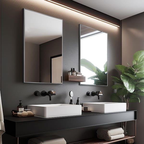 Wall Set of 2 Aluminum Slim Frame Bathroom Mirrors Silver 24 in. W x 36 in. H Straight Corner Rectangles