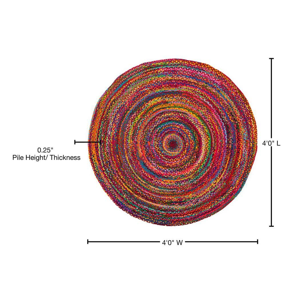Handmade Multicolor Braided Wool and Cotton Round Rug, 4' Diameter