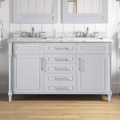 Aberdeen 60 in. Double Sink Dove Gray Bath Vanity with Carrara Marble Top (Assembled)